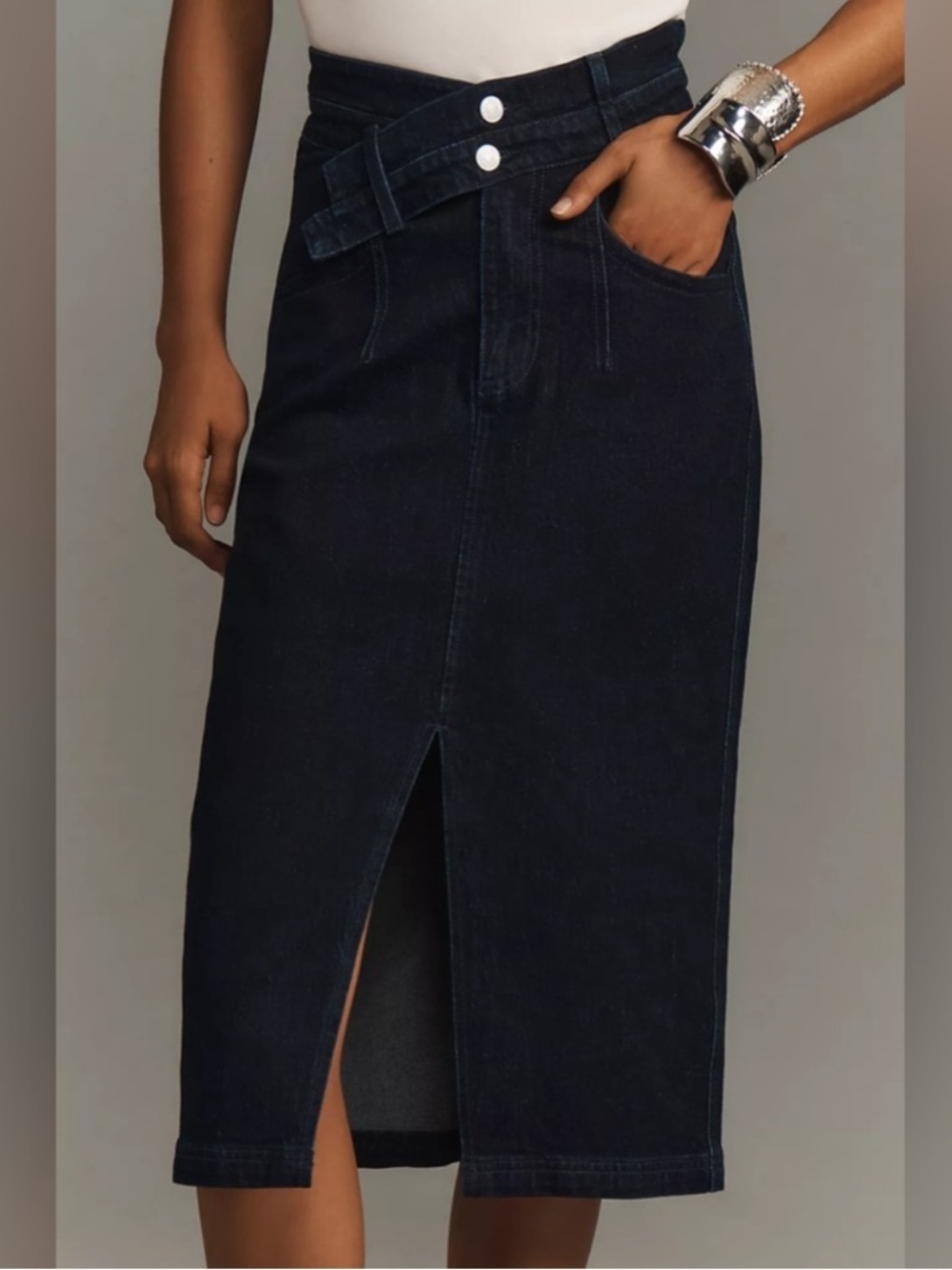 ANTHRO PILCRO The Arden Double Waist Dark Wash Midi Skirt